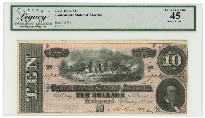 T-68 1864 Confederate States of America CSA $10 PF-10 CR-543 LCG XF45 (65431)