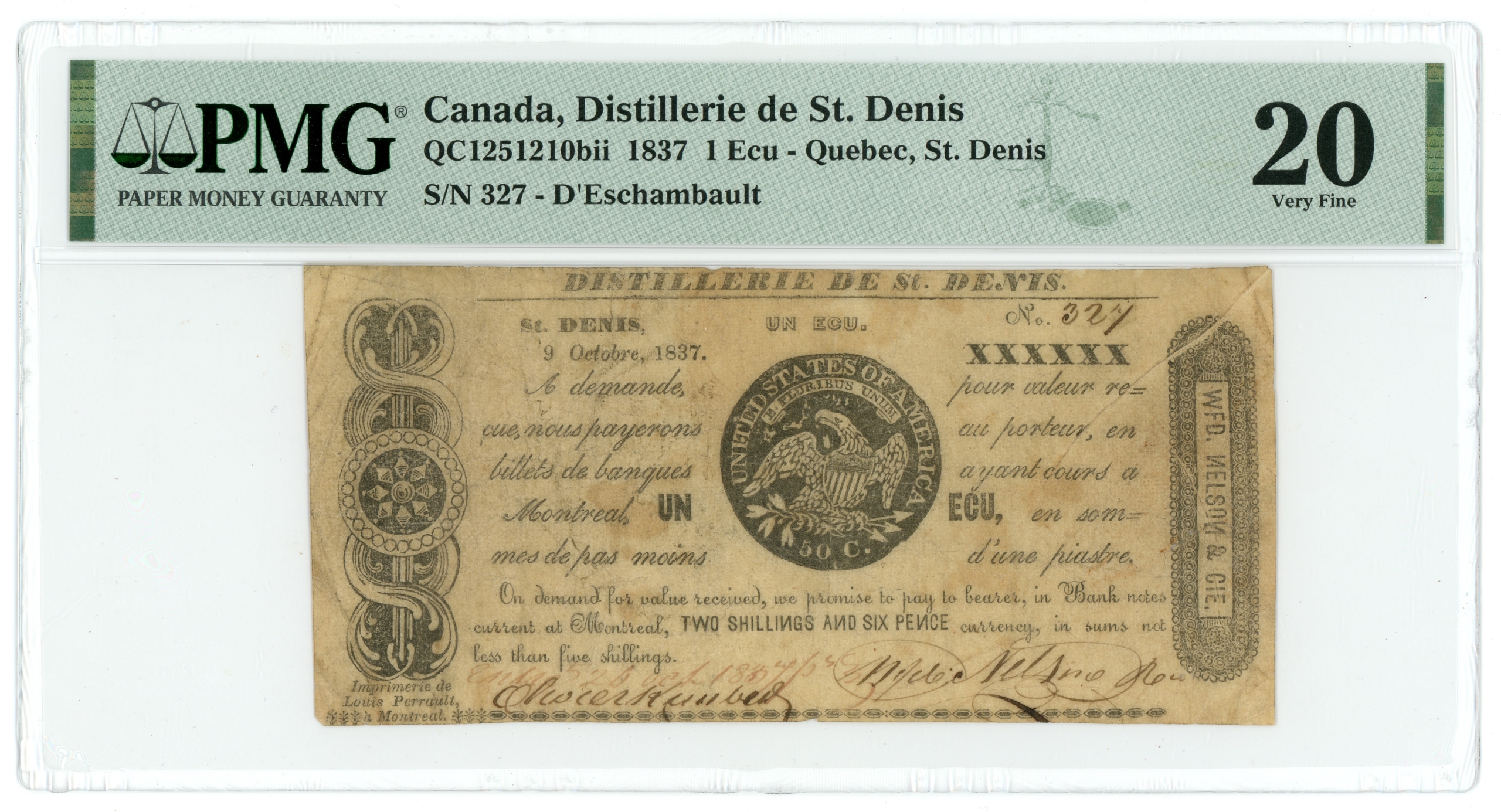 1837 Distillerie de St. Denis Quebec Canada 1 Ecu (2s6d) PMG VF20 QC1251210bii