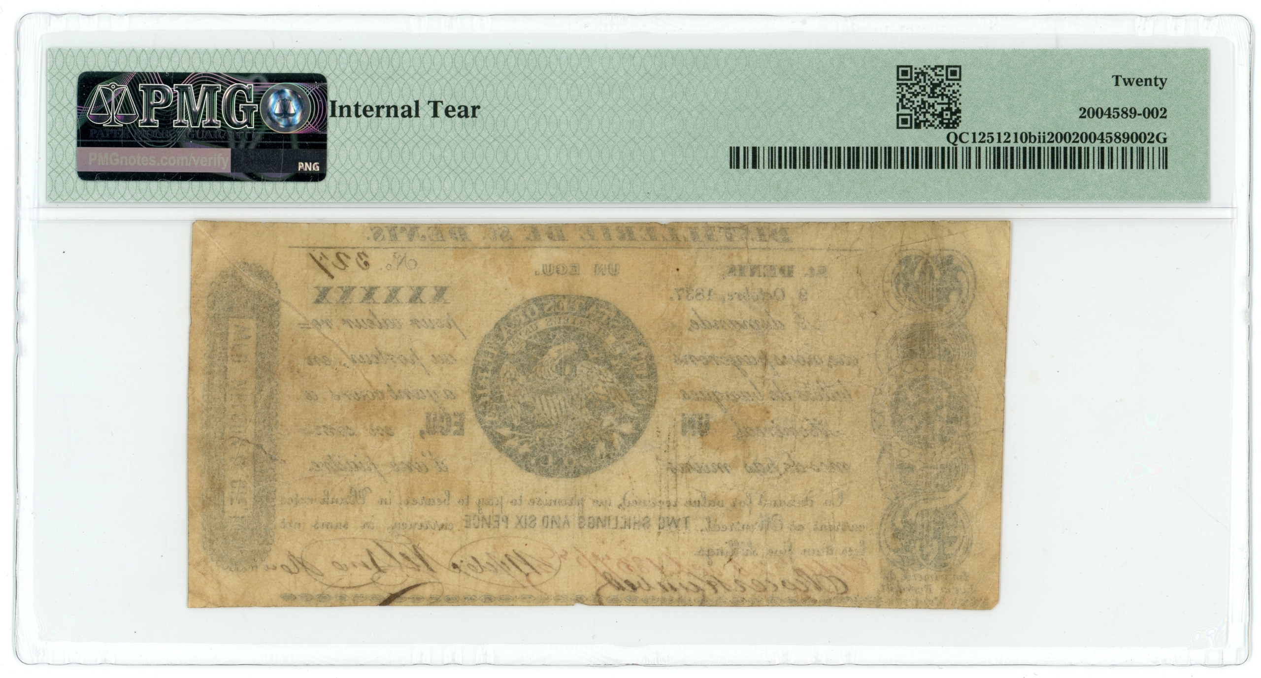 1837 Distillerie de St. Denis Quebec Canada 1 Ecu (2s6d) PMG VF20 QC1251210bii