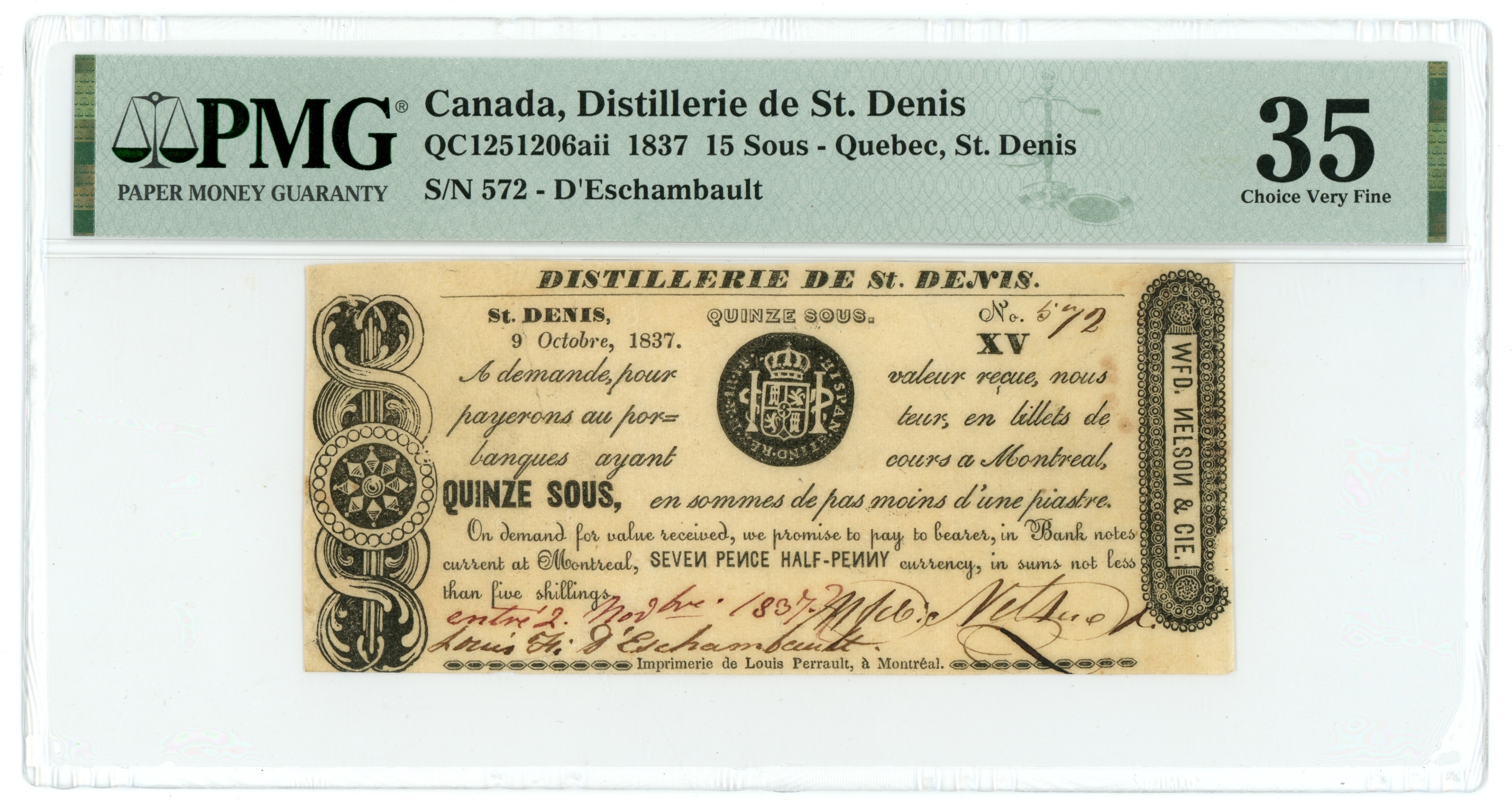 1837 Distillerie de St. Denis Quebec Canada 15 Sous PMG VF35 QC1251206aii