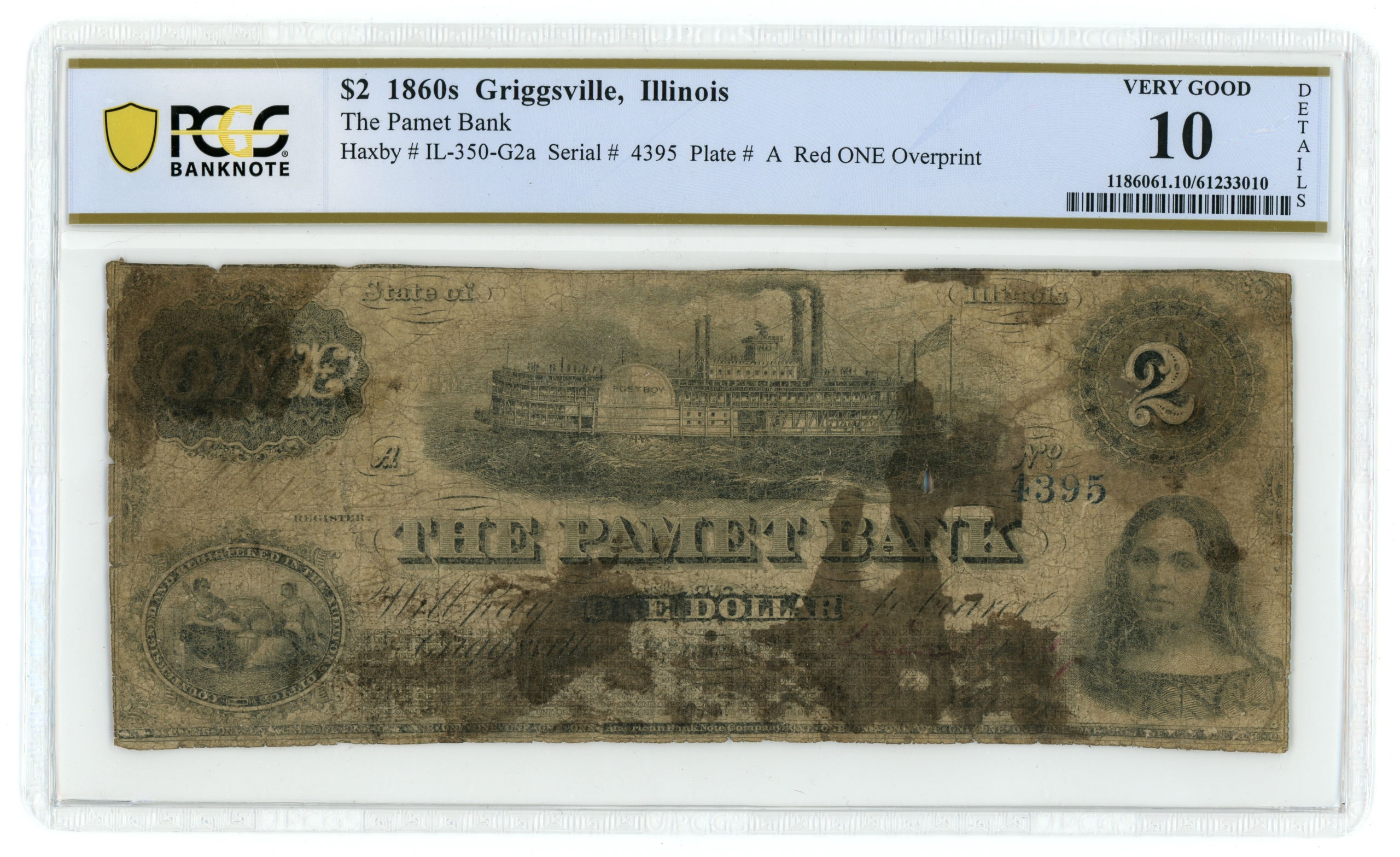 18XX Pamet Bank Griggsville IL $1 Obsolete PCGS 10 Details IL350-G2 See Desc.