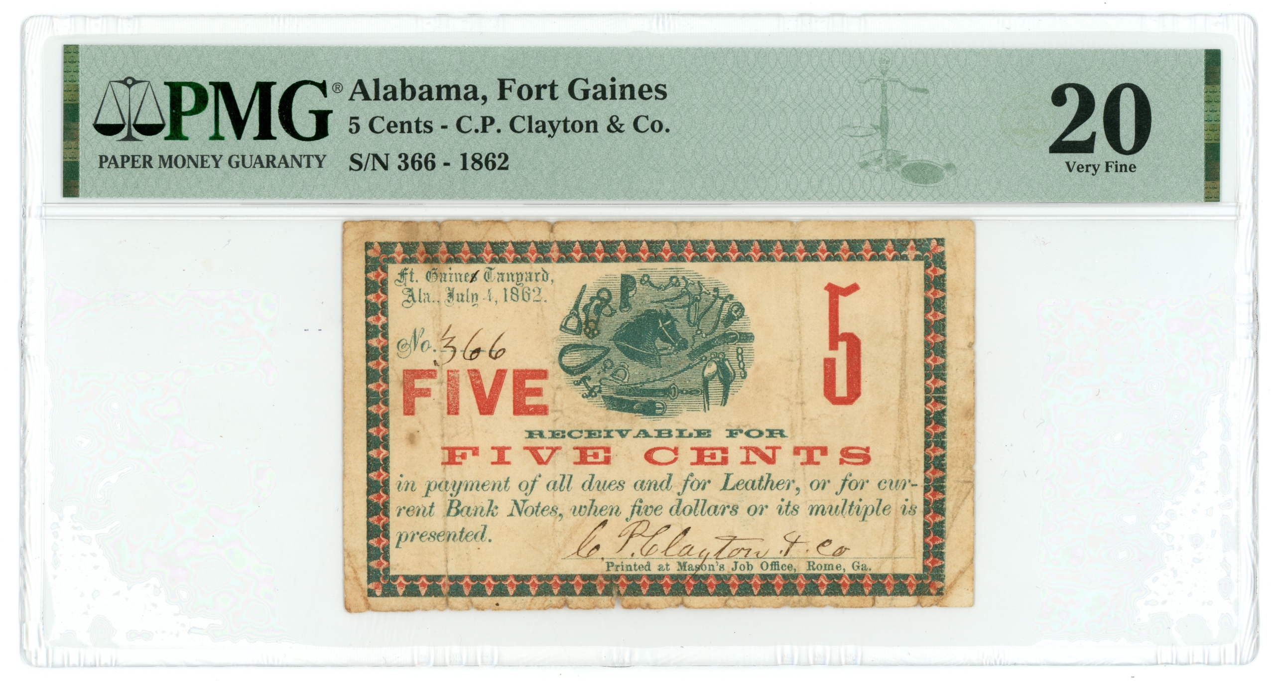 1862 CP Clayton & Co Fort Gaines Tanyard Alabama AL 5c Scrip PMG 20 R-UNL GD-UNL